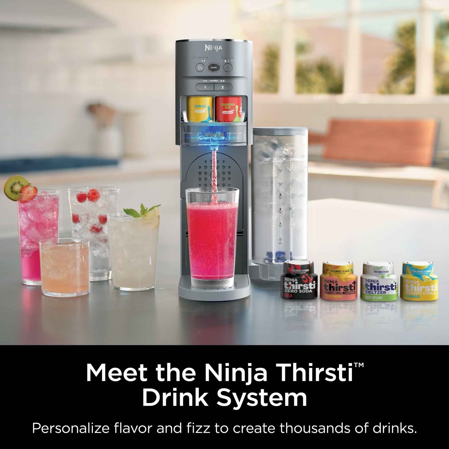 Ninja Thirsti Drink Maker, Still, Sparkling Custom Drink Kit, with CO2 Canister, Flavors, and 48 oz Reservoir
