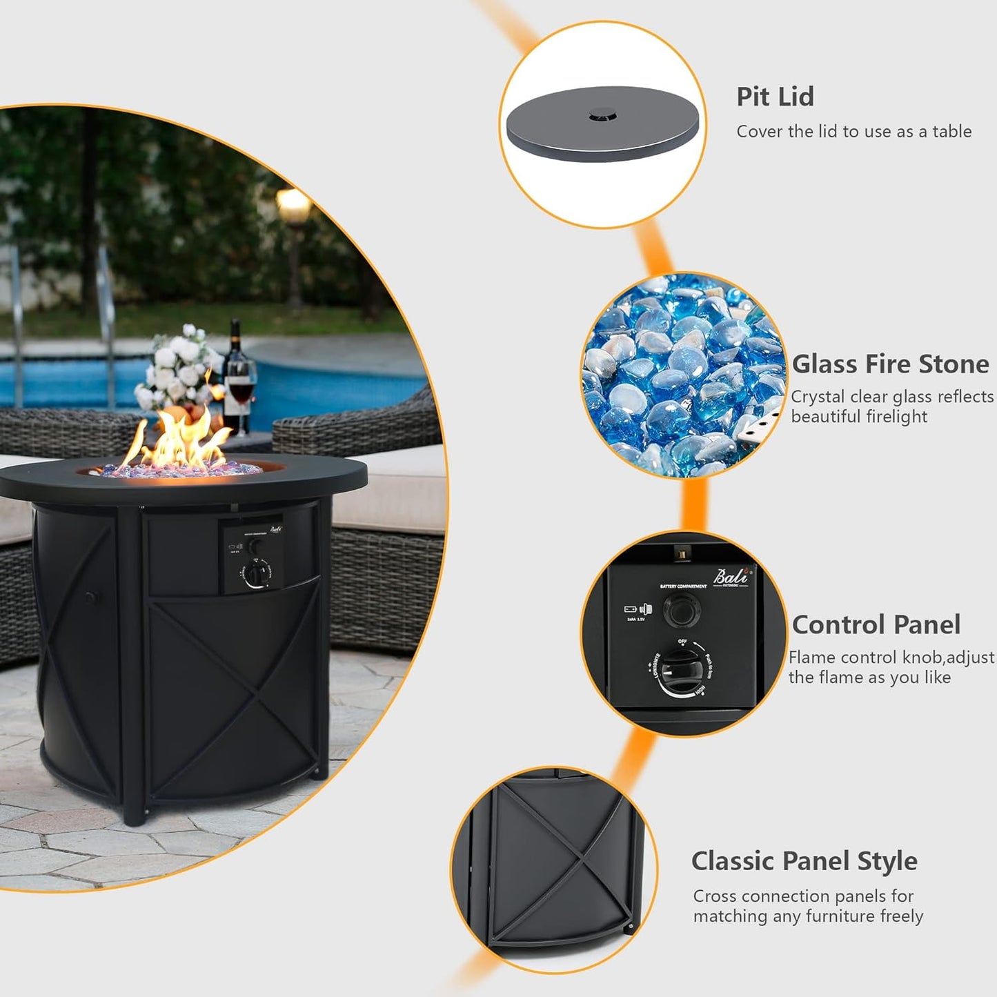 Bali Outdoors 30" Round Gas Fire Pit Table 50000 BTU Fire Column for Outside Backyard, Patio, Black