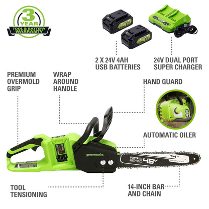Greenworks 48V (2x24V) 14" Brushless Chainsaw + (2) 4Ah USB Batteries & Dual Port Charger 2017902
