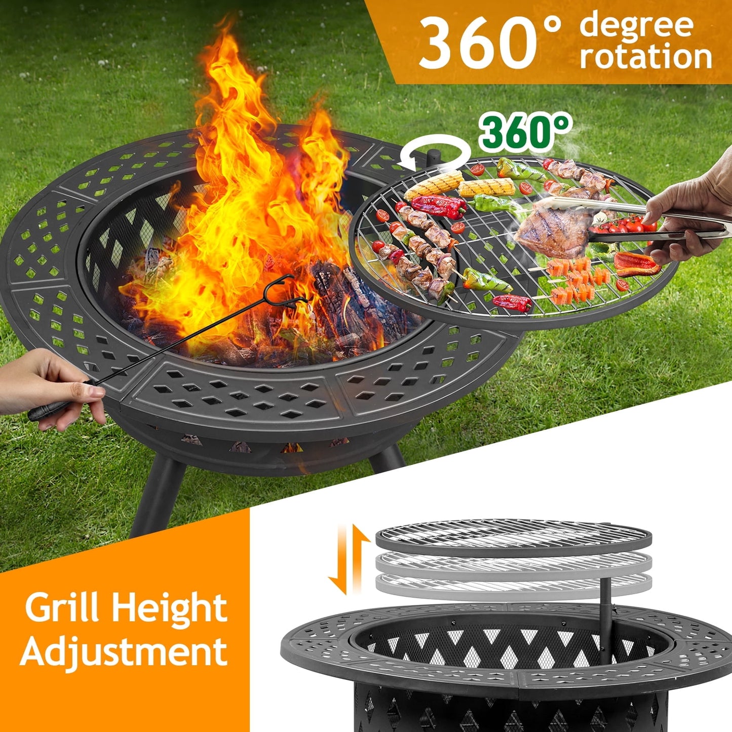 YDLW 38 inch Fire Pit for Outside 2 in 1 BBQ Wood Burning Fire Pit for Outdoor Camping Large Fire Pit Wood Bowl Firepit with Grate Spark Screen Log Grate
