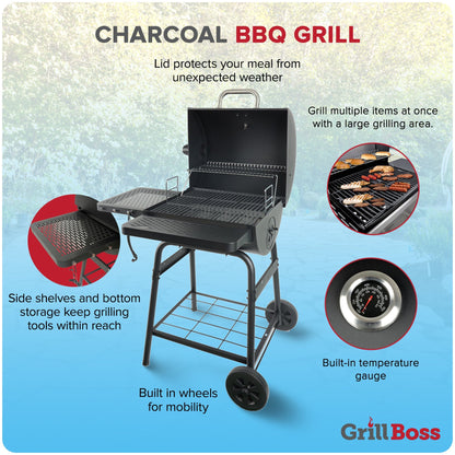 Grill Boss 23" Charcoal Barrel Grill, Adjustable Grate Large Cooking Area, Black