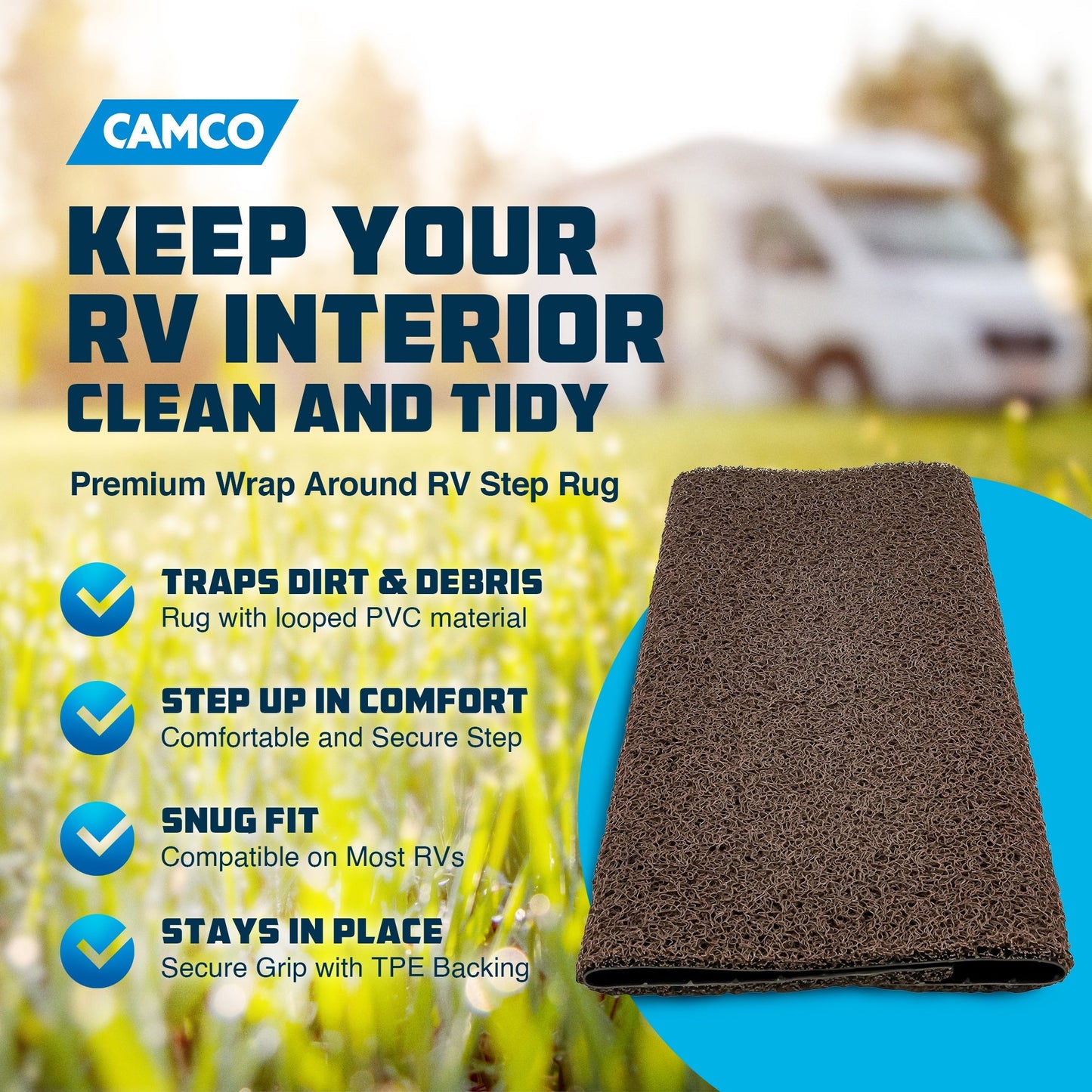 Camco Premium Wrap Around RV Step Rug with Looped PVC Material and Spring, Brown - Find Fresh Goods