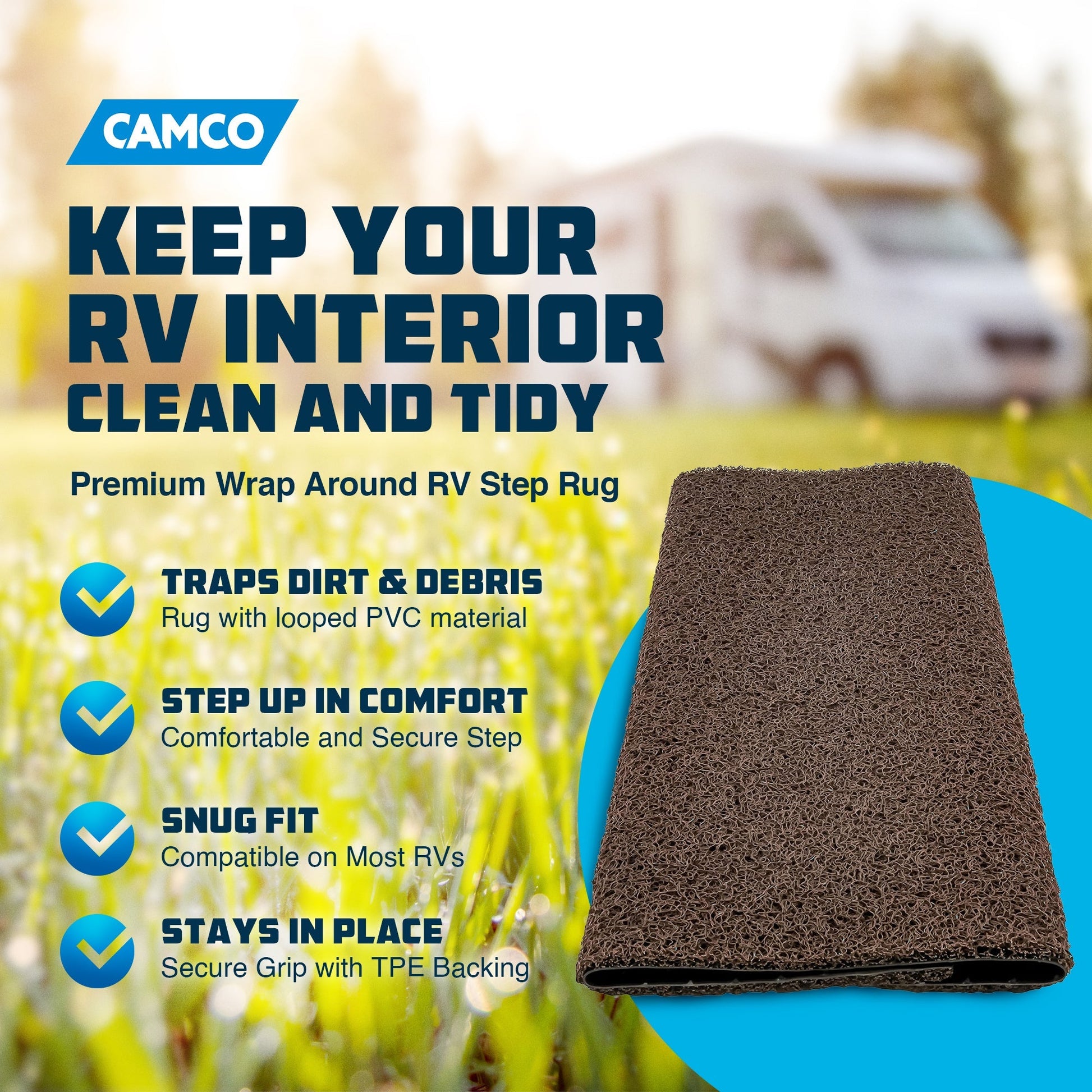 Camco Premium Wrap Around RV Step Rug with Looped PVC Material and Spring, Brown - Find Fresh Goods