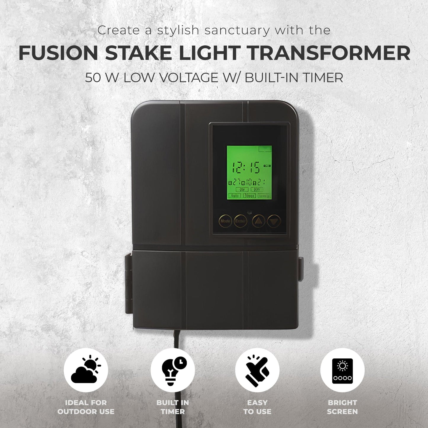 Fusion Low Voltage Outdoor LED Lighting Transformer with Timer, 50 Watt, Black