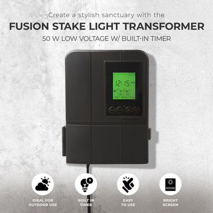 Fusion Low Voltage Outdoor LED Lighting Transformer with Timer, 50 Watt, Black