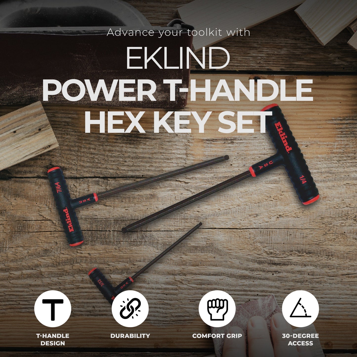Eklind Tool 9 Piece Set Power T Handle Ball Hex Key Alloy Steel Allen Wrench