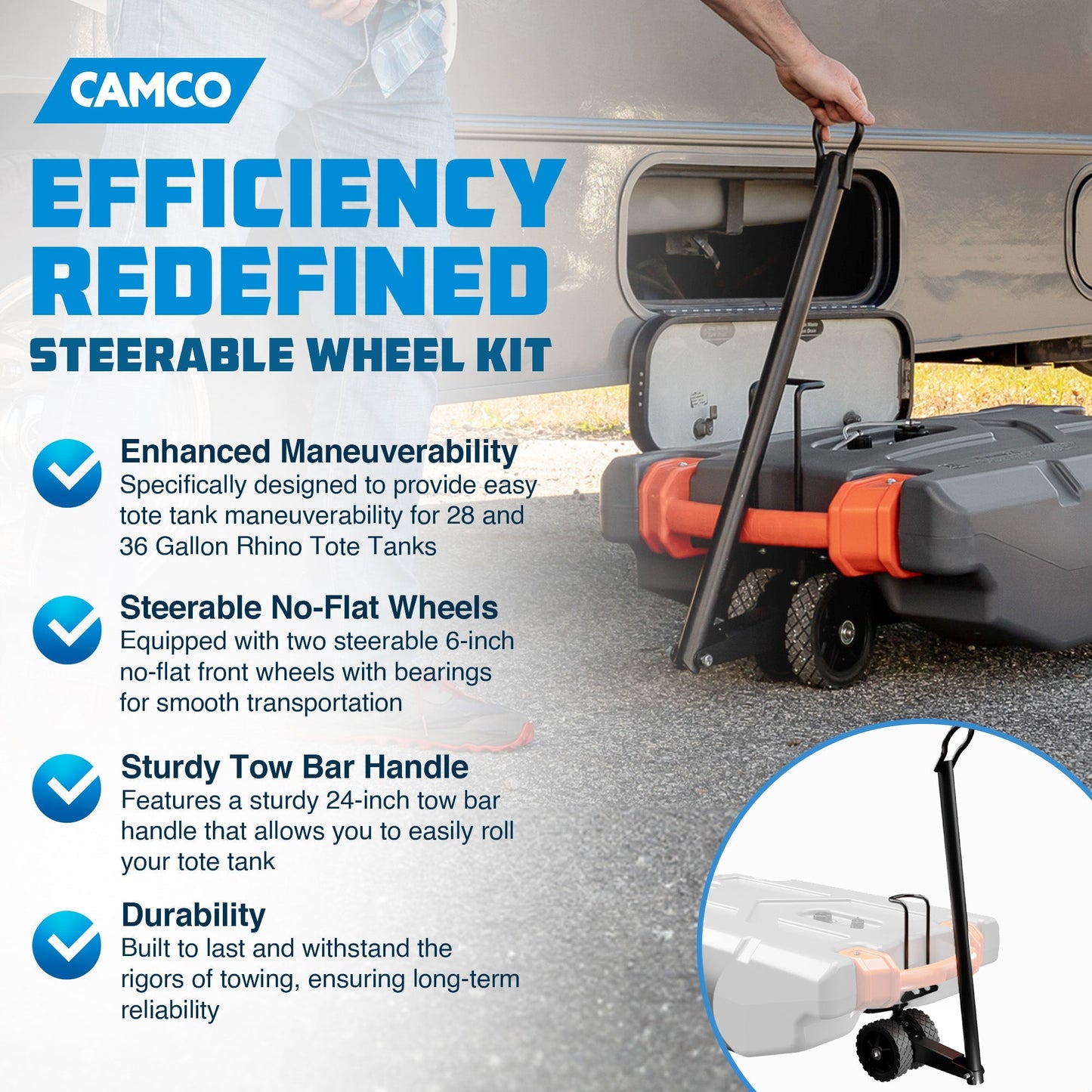 Camco Steerable Wheel Kit for 28 & 36 Gallon Rhino Tote Tank with Tow Bar Handle - Find Fresh Goods