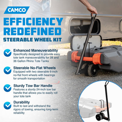 Camco Steerable Wheel Kit for 28 & 36 Gallon Rhino Tote Tank with Tow Bar Handle - Find Fresh Goods
