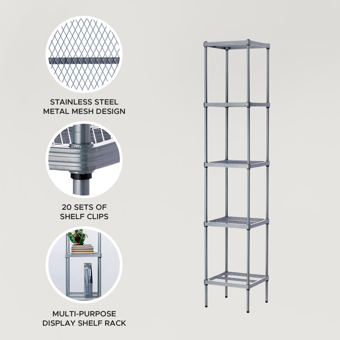 Design Ideas MeshWorks 5 Tier Tower Metal Storage Shelving Unit Rack, Silver