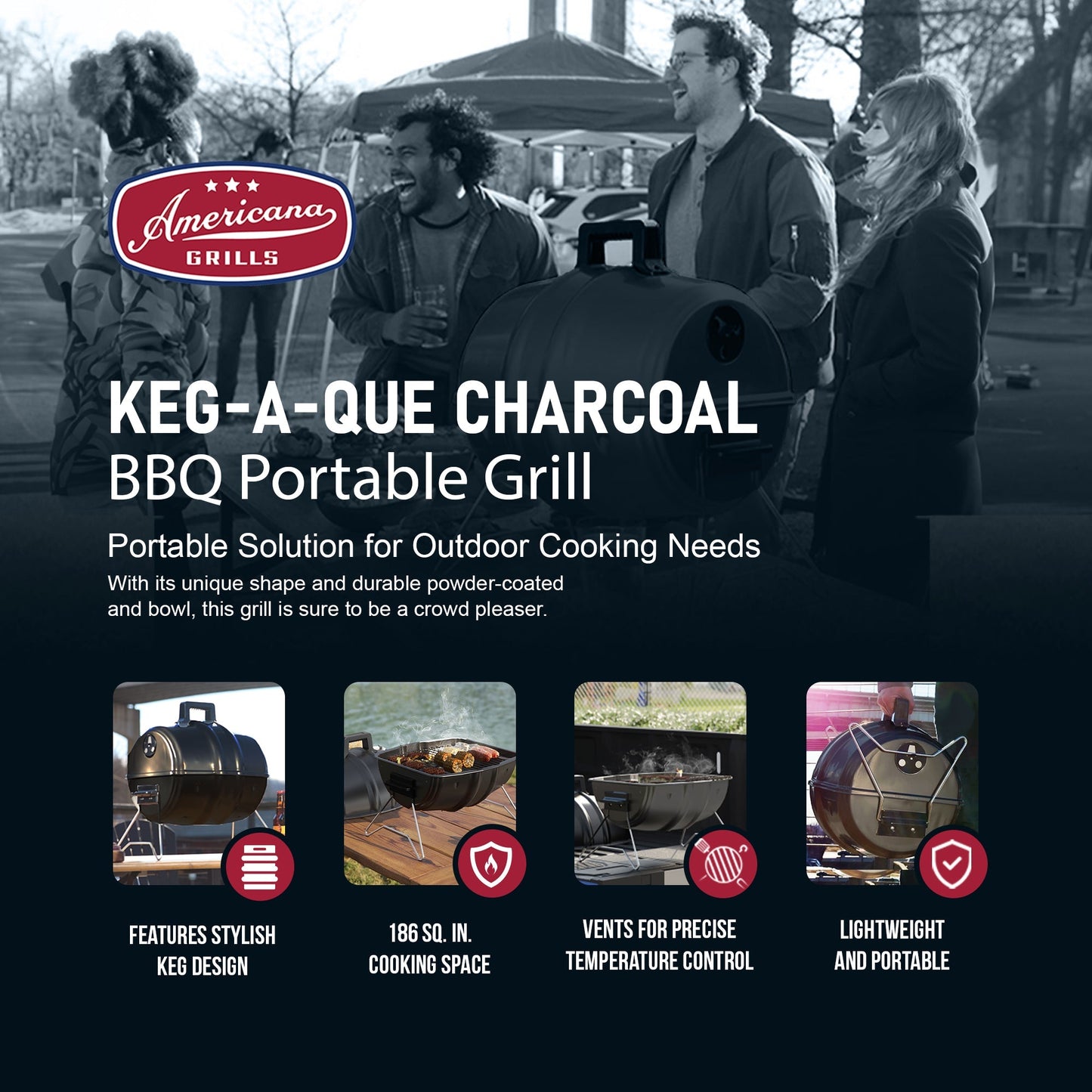 Americana Grills Keg A Que Charcoal BBQ Portable Grill, 186 Square Inch, Black