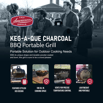 Americana Grills Keg A Que Charcoal BBQ Portable Grill, 186 Square Inch, Black