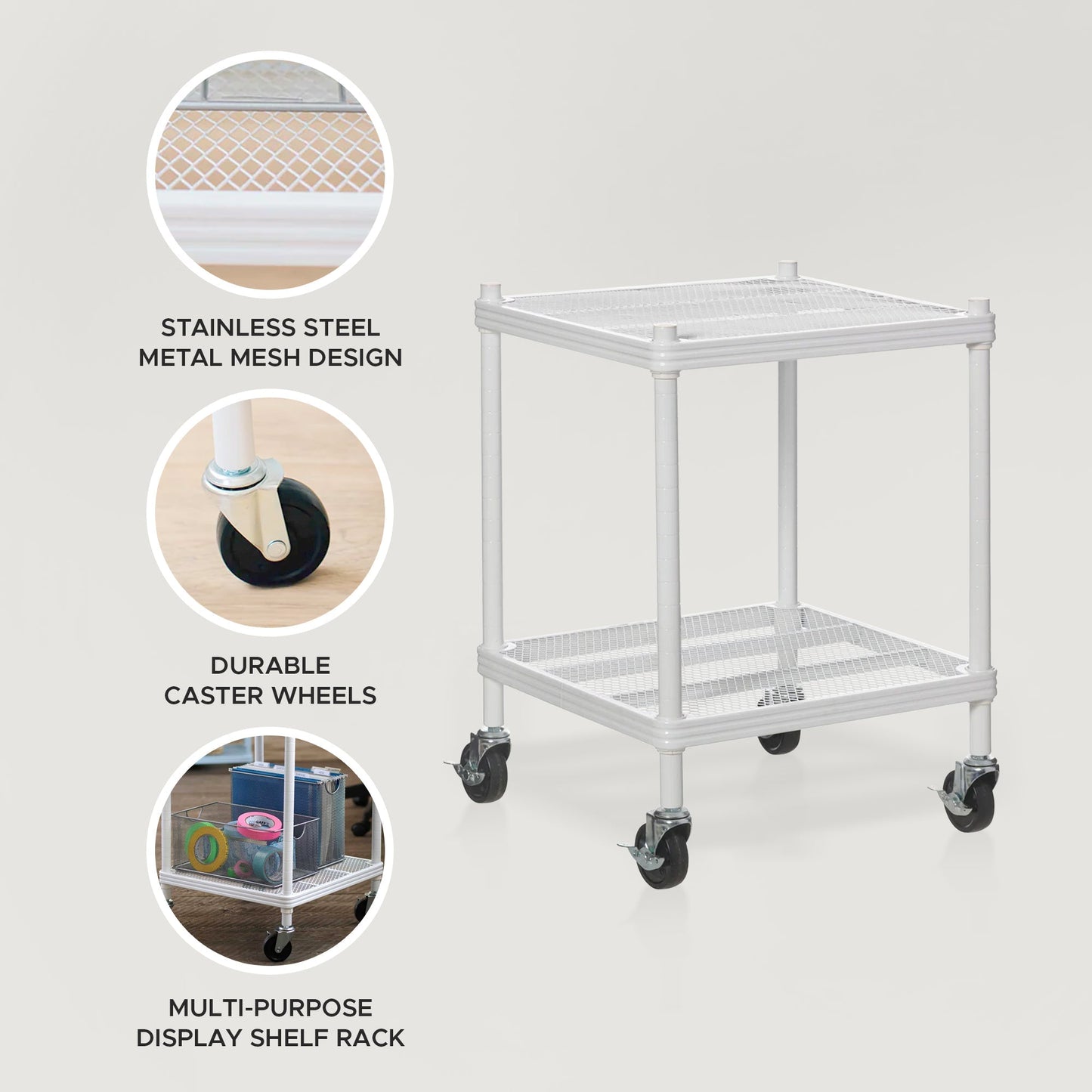 Design Ideas MeshWorks 2 Tier Wheeled Metal Storage Shelving Unit Cart, White