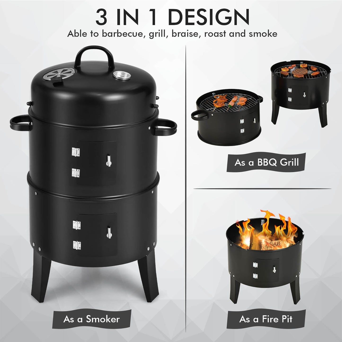 Costway3-in-1 Vertical Charcoal Smoker  Portable BBQ Smoker Grill with Detachable 2 Layer