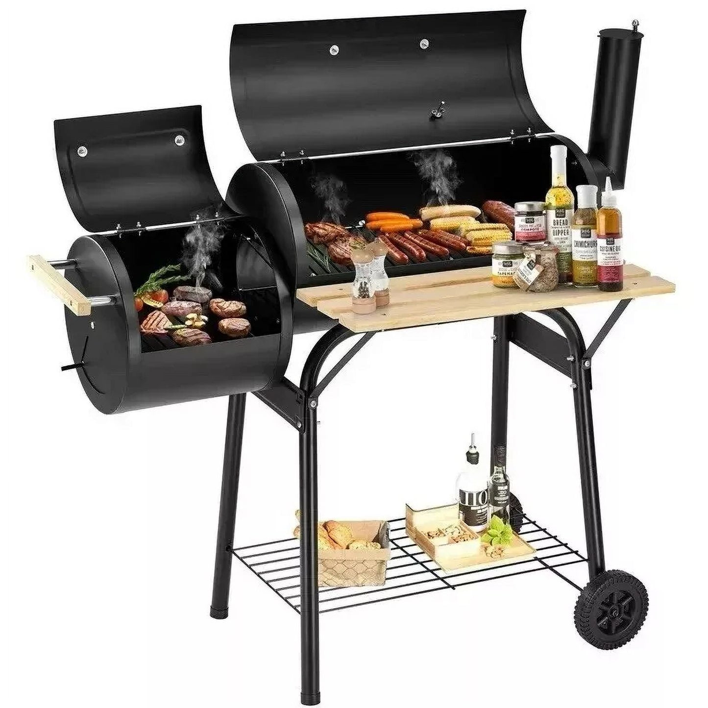 Bitiwend Charcoal Grill w/Smoker, Outdoor BBQ Grill with Side Table, Portable Offset Smoker W/2-zone Area