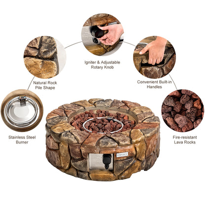Costway 28'' Propane Gas Fire Pit Outdoor 40,000 BTU Stone Finish Lava Rocks Cover Brown