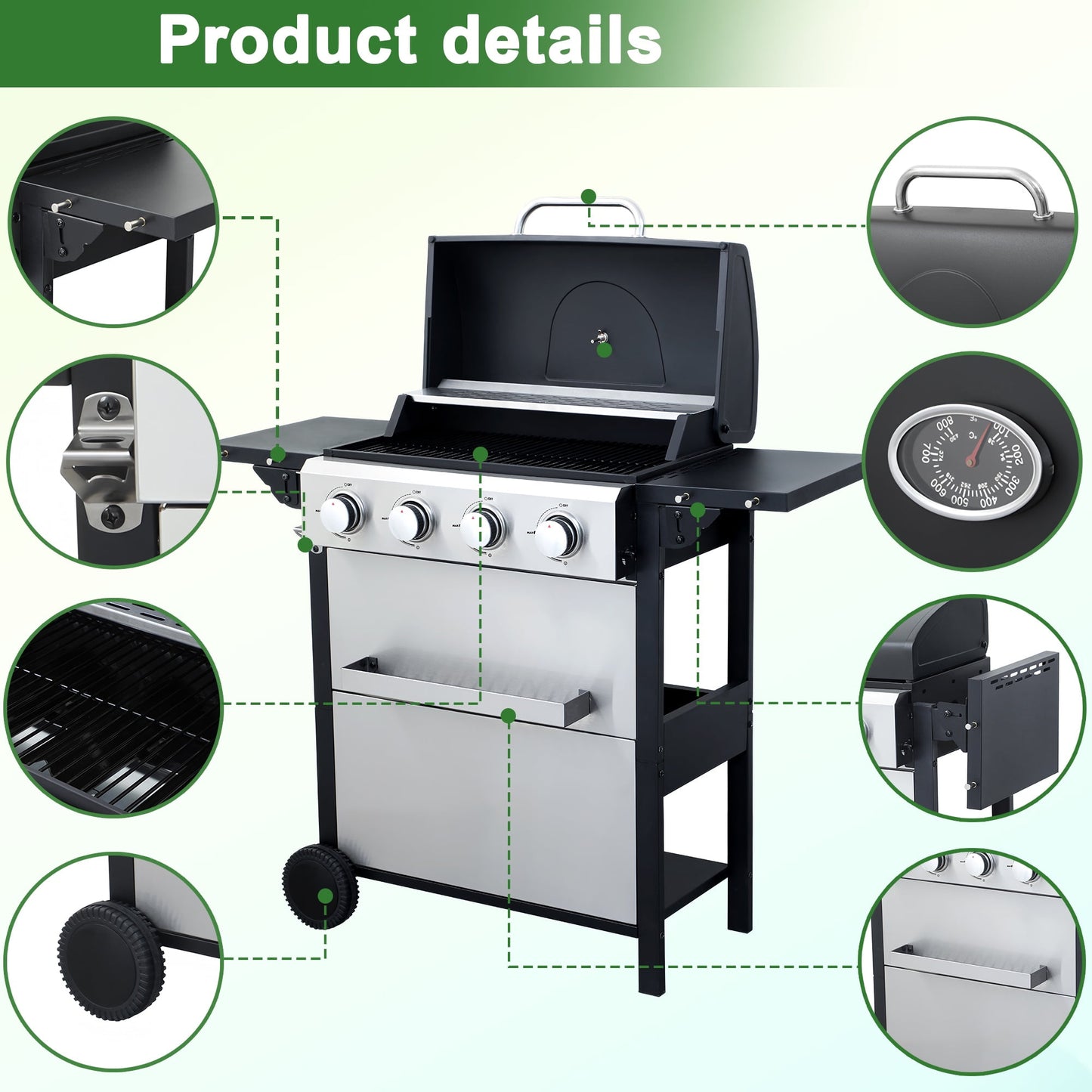 Seizeen 4 Burner Propane Gas Grill, Powerful 34,200BTU Outdoor BBQ Grill on Wheels, Stainless Steel Grill with Thermometer Foldable Table Storage Box, for RV Party Camping Patio