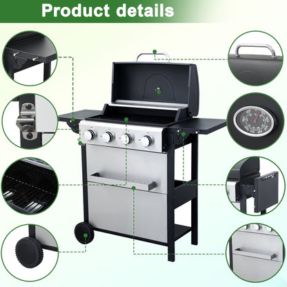 Seizeen 4 Burner Propane Gas Grill, Powerful 34,200BTU Outdoor BBQ Grill on Wheels, Stainless Steel Grill with Thermometer Foldable Table Storage Box, for RV Party Camping Patio