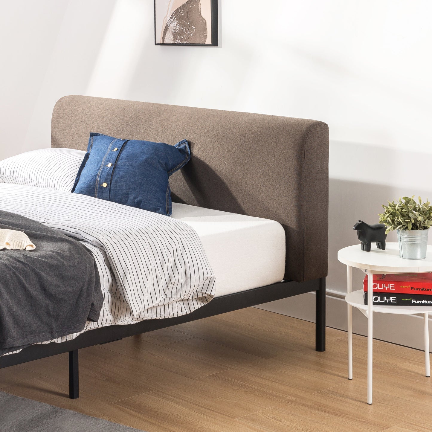 Mellow BREE Metal Platform Bed Frame with Curved Upholstered Backboard, King