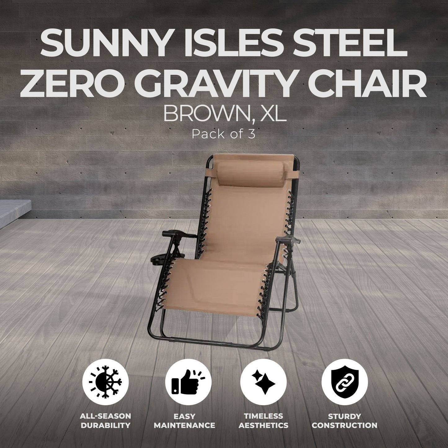 Four Seasons Courtyard Sunny Isles XL Steel Zero Gravity Chair, Brown (3 Pack)