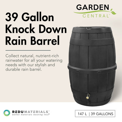 Garden Central Knock Down Rain Barrel w/ Rust Proof Brass Spigot, 39 Gal, Black