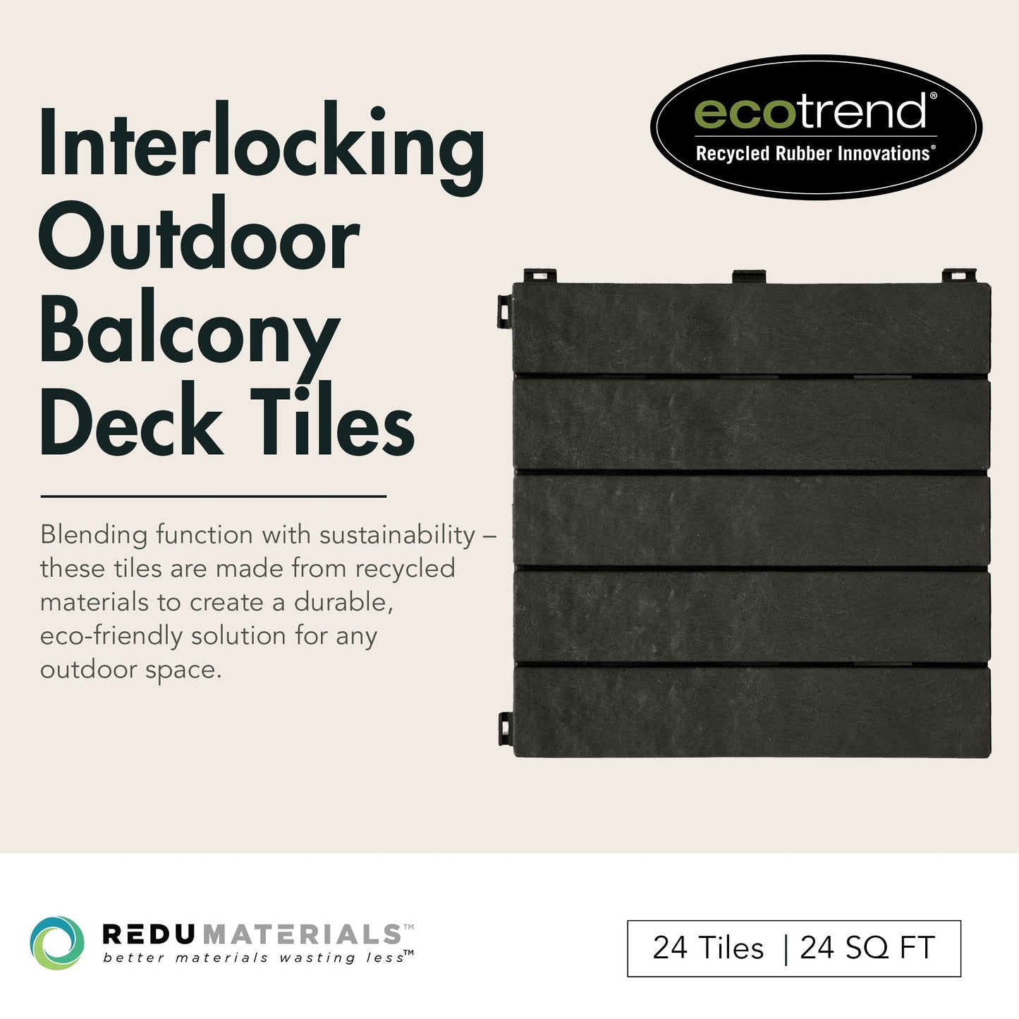 EcoTrend 12"x12" Interlocking Outdoor Balcony Deck Tiles, 24-Pack, Slate Black