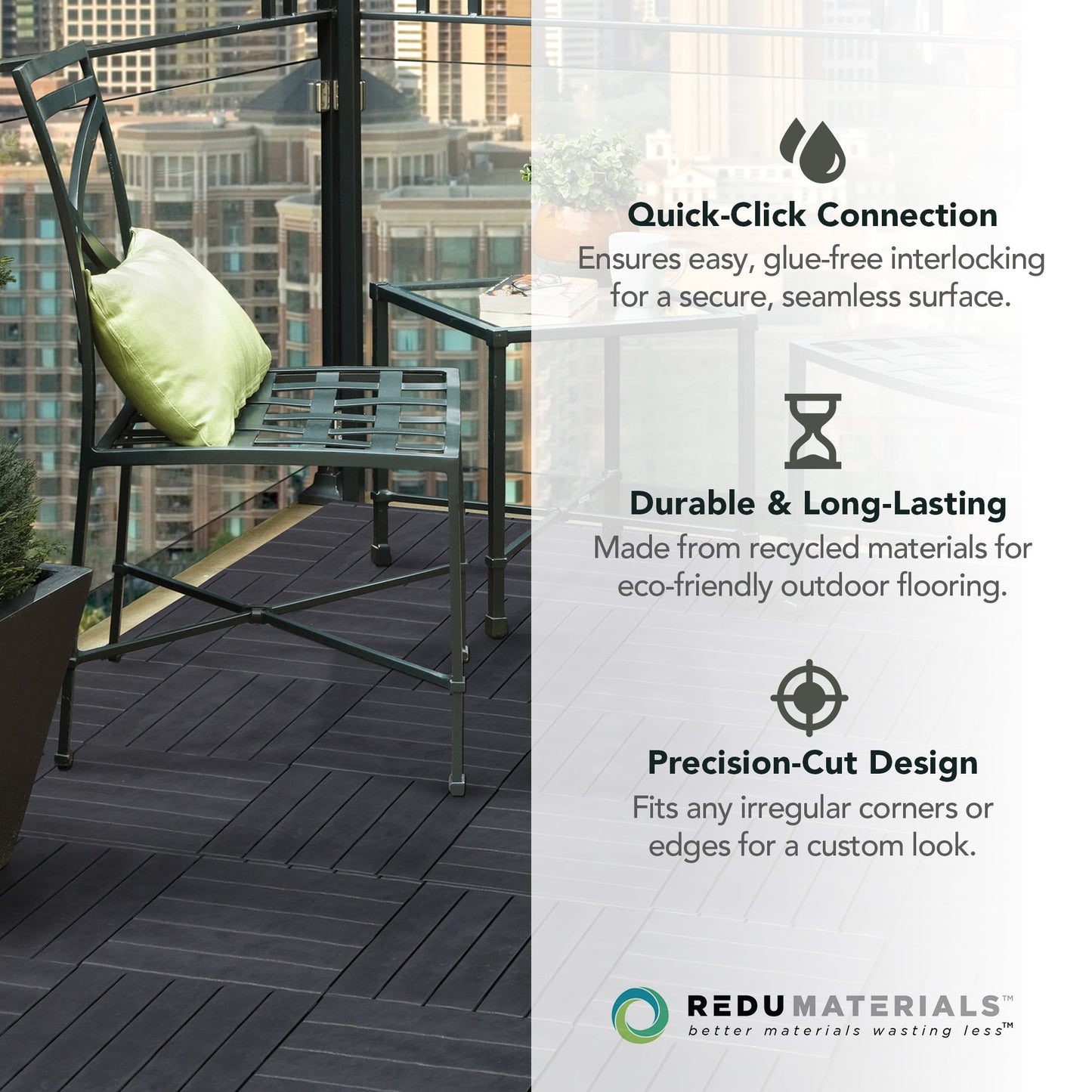 EcoTrend 12"x12" Interlocking Outdoor Balcony Deck Tiles, 24-Pack, Slate Black