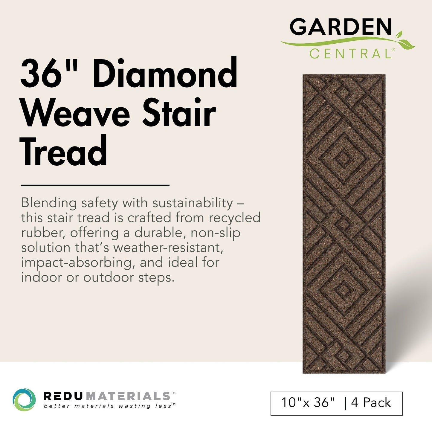 Garden Central 4 Pack 10"x36" Diamond Weave Stair Tread Decorative Panels, Brown
