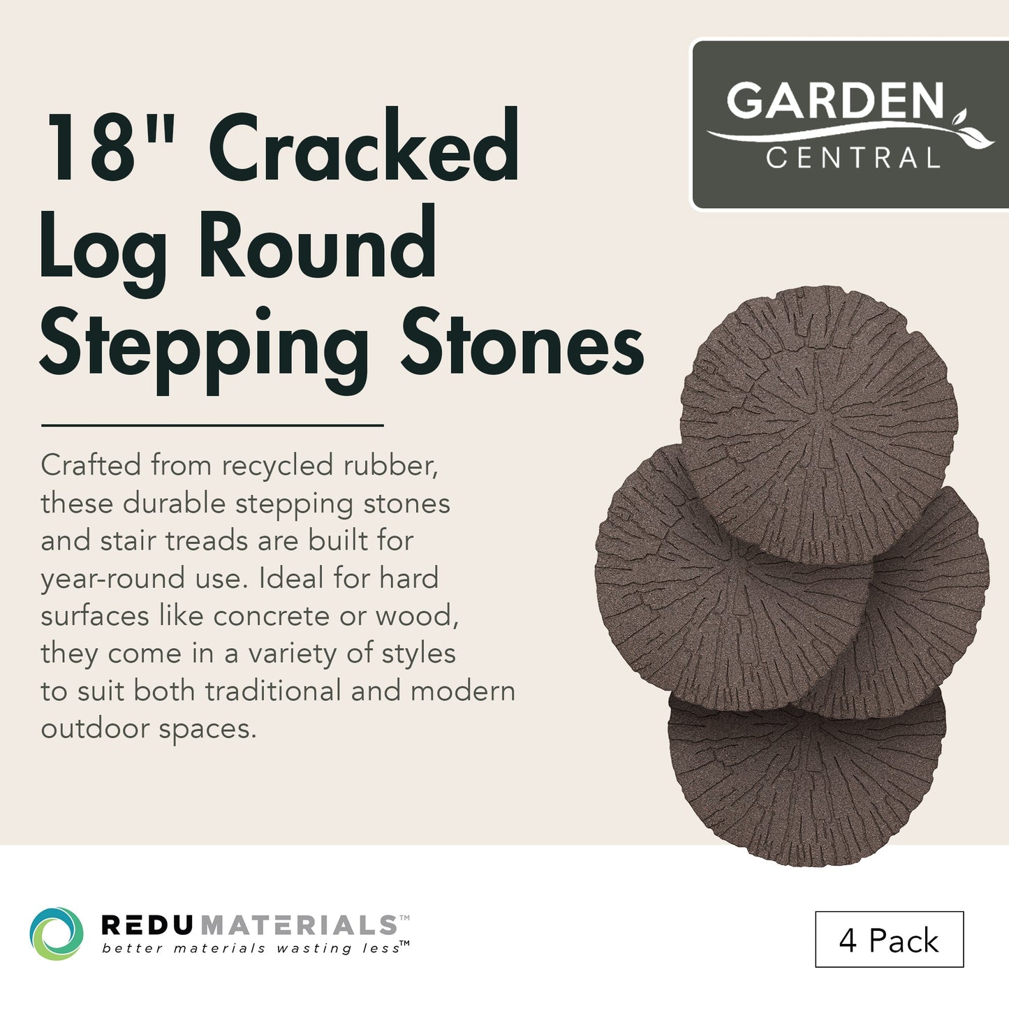 Garden Central 4 Pack 18x18" Cracked Log Round Decorative Stepping Stones, Brown