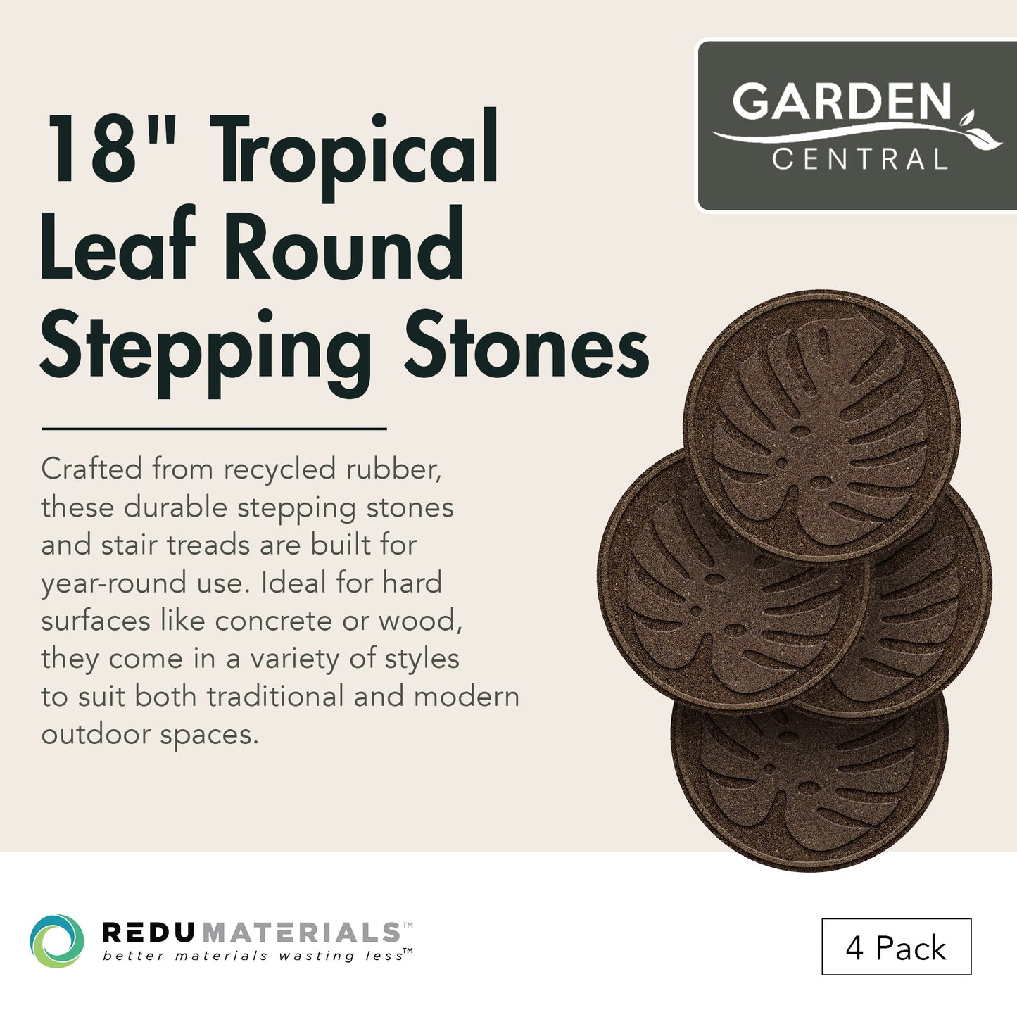 Garden Central 4 Pack 18" x 18" Tropical Leaf Decorative Stepping Stones, Brown