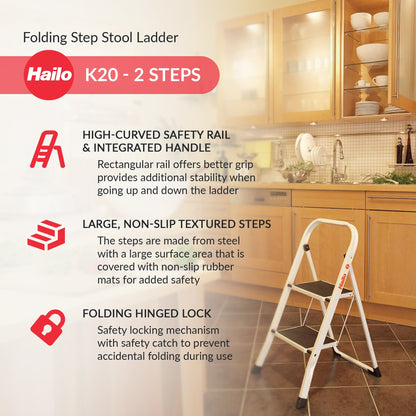 Hailo Folding Step Stool, Non-Slip 2 Step Ladder for Home & Kitchen, K20, White