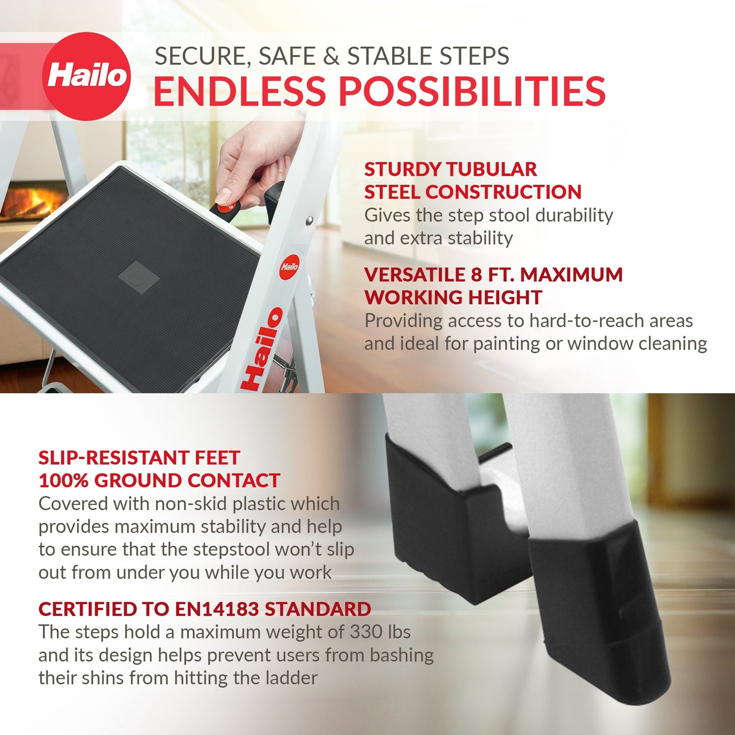 Hailo Folding Step Stool, Non-Slip 2 Step Ladder for Home & Kitchen, K20, White