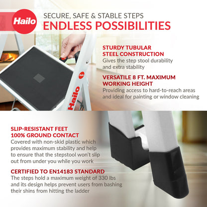 Hailo Folding Step Stool, Non-Slip 2 Step Ladder for Home & Kitchen, K20, White