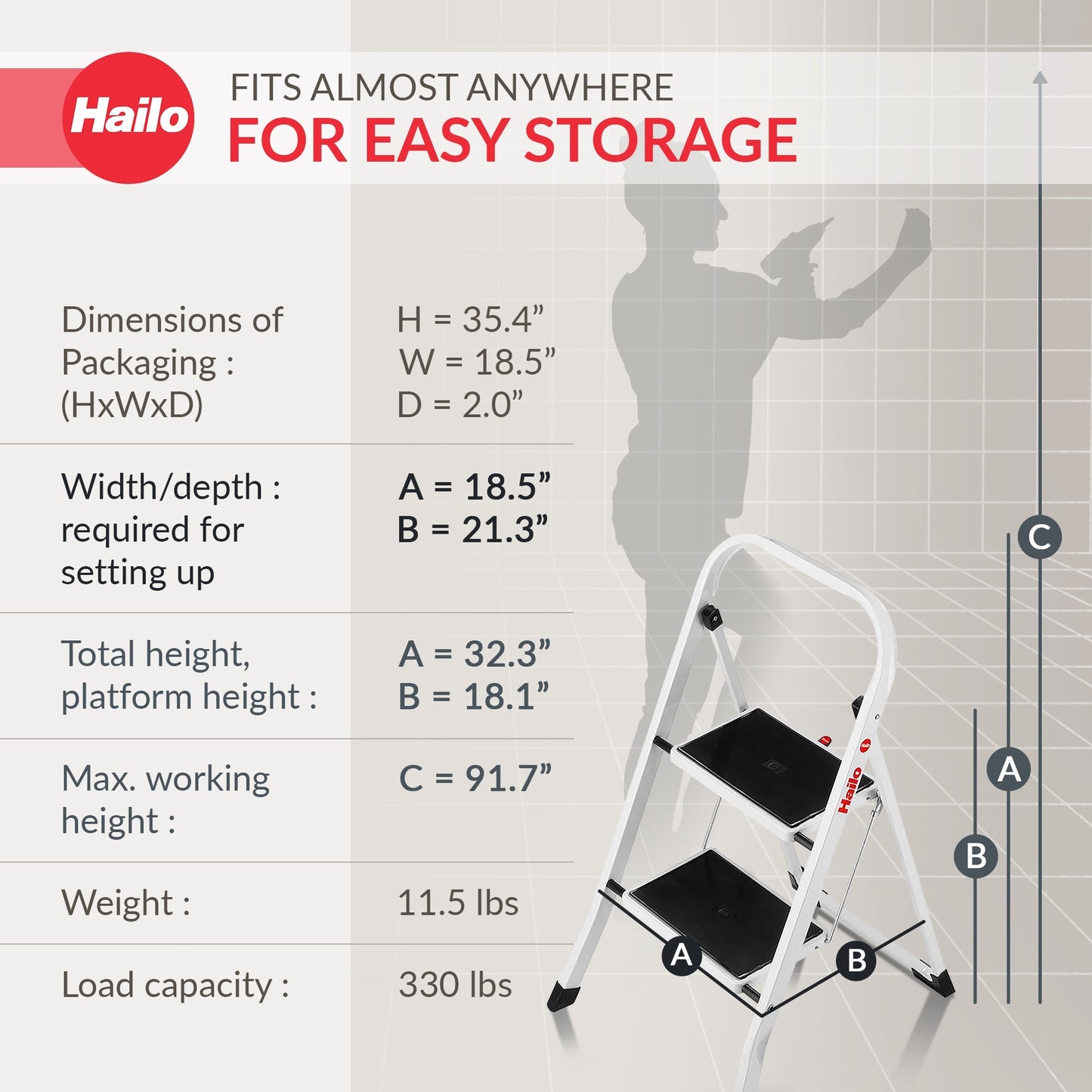 Hailo Folding Step Stool, Non-Slip 2 Step Ladder for Home & Kitchen, K20, White
