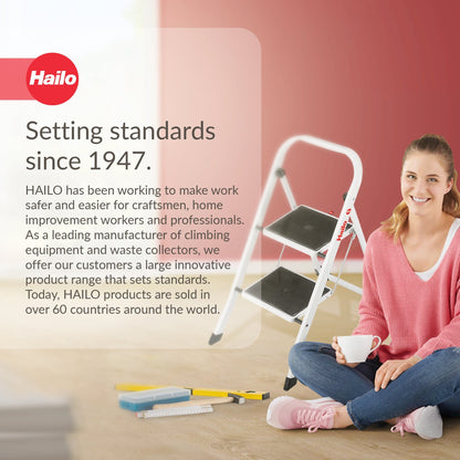 Hailo Folding Step Stool, Non-Slip 2 Step Ladder for Home & Kitchen, K20, White