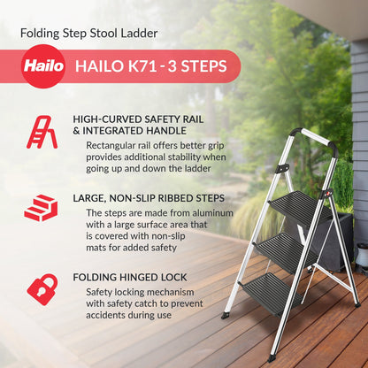 Hailo Folding Step Stool, Non-Slip 3 Step Ladder for Home & Kitchen, K71, Silver