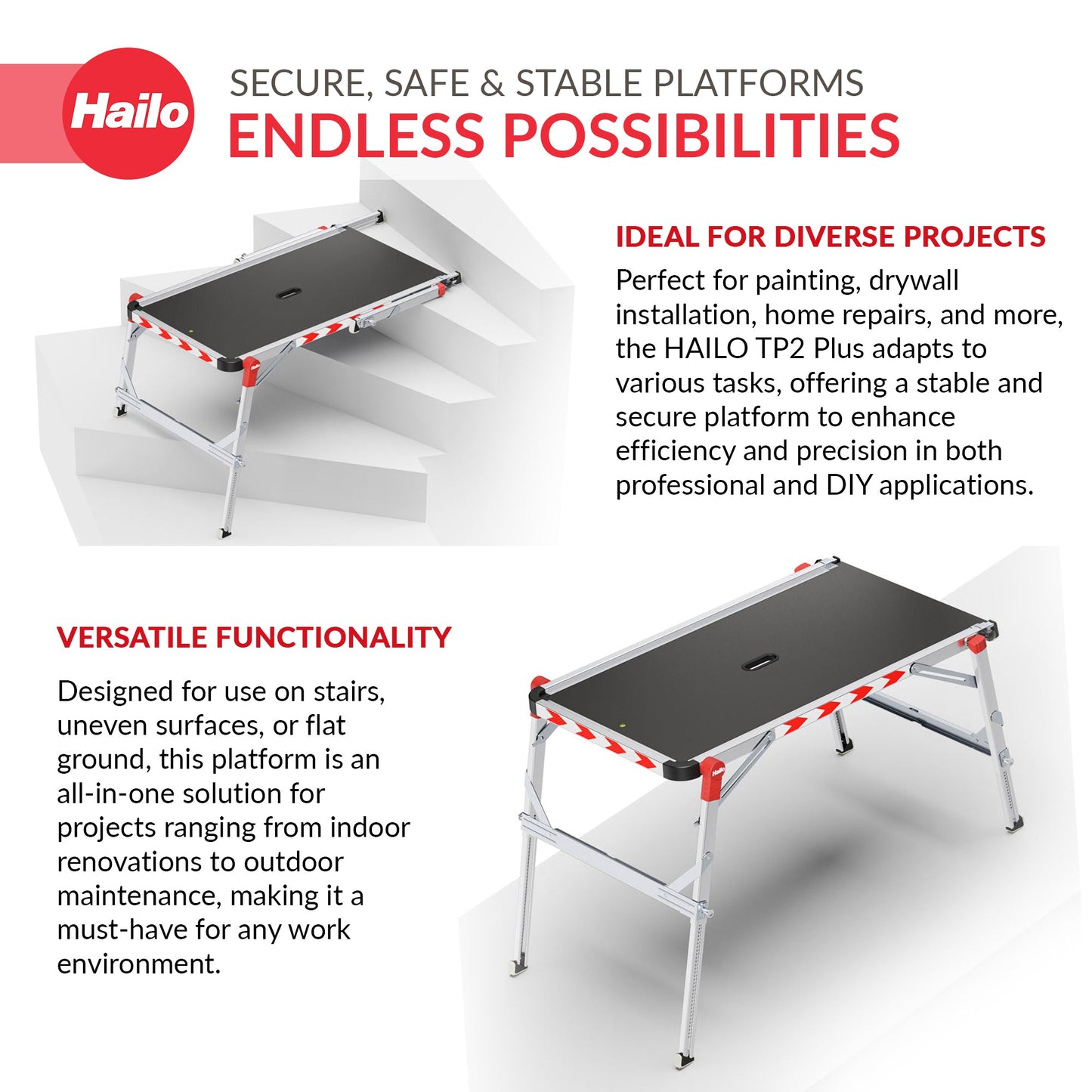 Hailo Adjustable Aluminum Work Platform TP2 Plus for Ladders & Stairs, Foldable