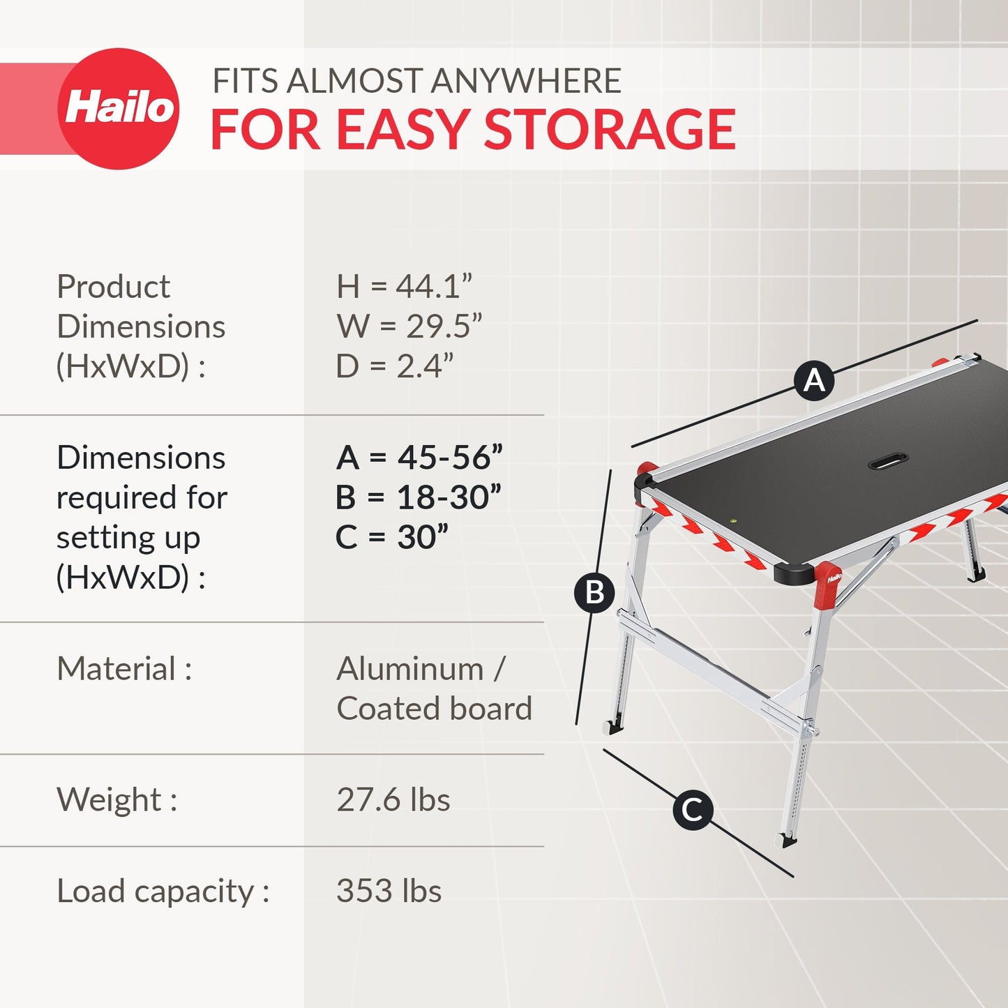 Hailo Adjustable Aluminum Work Platform TP2 Plus for Ladders & Stairs, Foldable