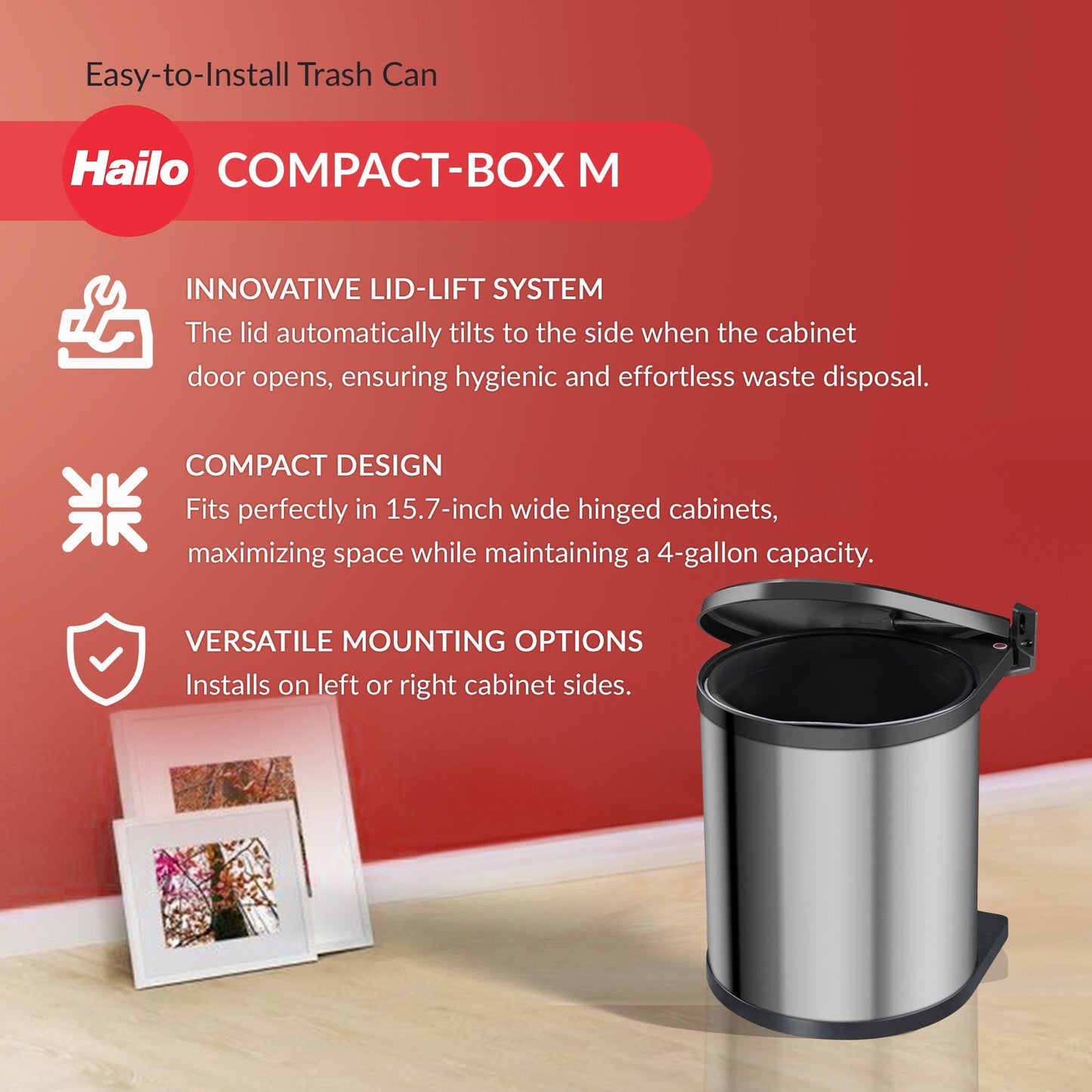 Hailo Compact-Box M Trash Can, 4 Gallon, Lid-Lift, Small Kitchen Bin, Steel
