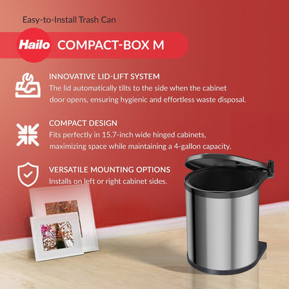 Hailo Compact-Box M Trash Can, 4 Gallon, Lid-Lift, Small Kitchen Bin, Steel