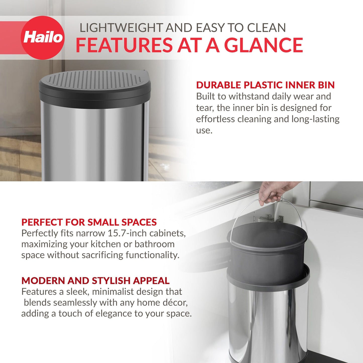 Hailo Compact-Box M Trash Can, 4 Gallon, Lid-Lift, Small Kitchen Bin, Steel