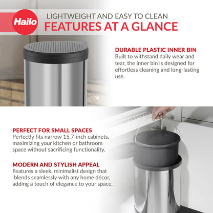 Hailo Compact-Box M Trash Can, 4 Gallon, Lid-Lift, Small Kitchen Bin, Steel