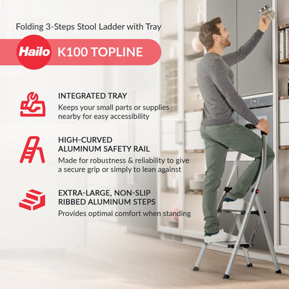Hailo Folding Step Stool, 3 Step Ladder w/Tray for Home & Kitchen, K100, Silver