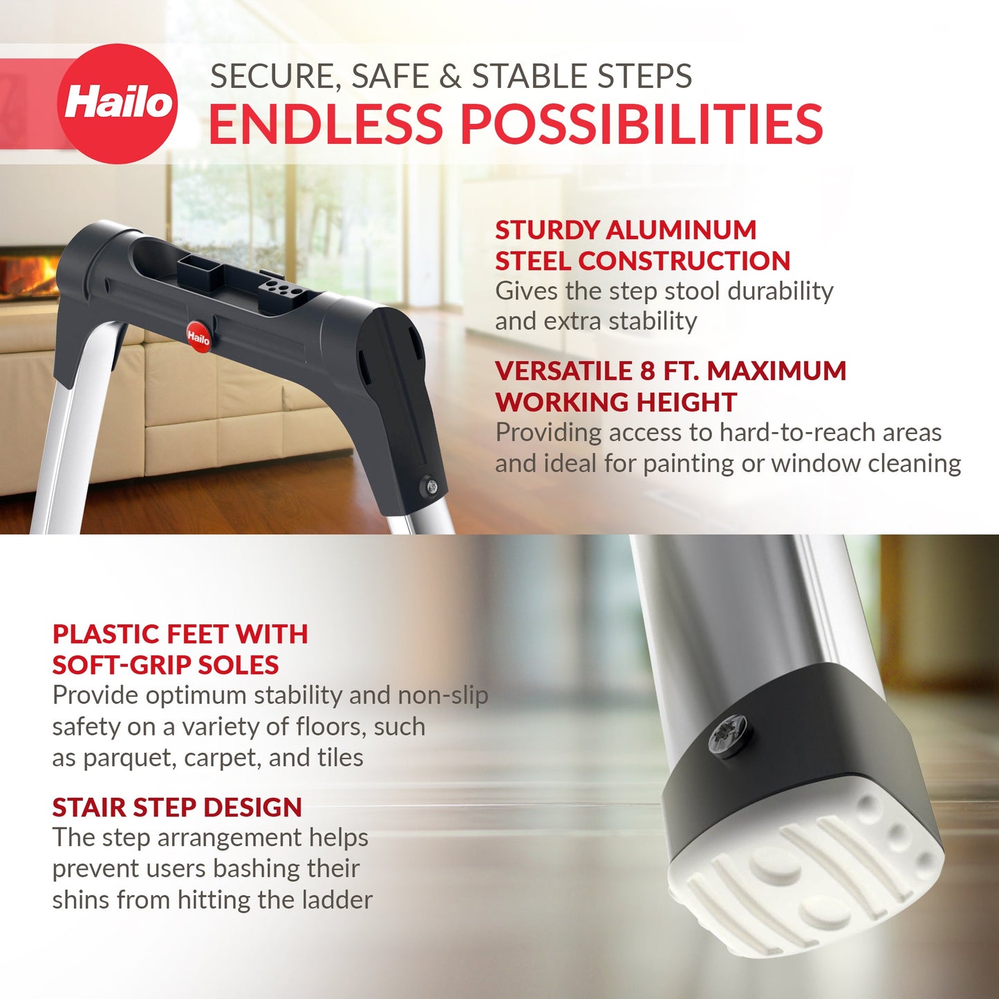 Hailo Folding Step Stool, 3 Step Ladder w/Tray for Home & Kitchen, K100, Silver