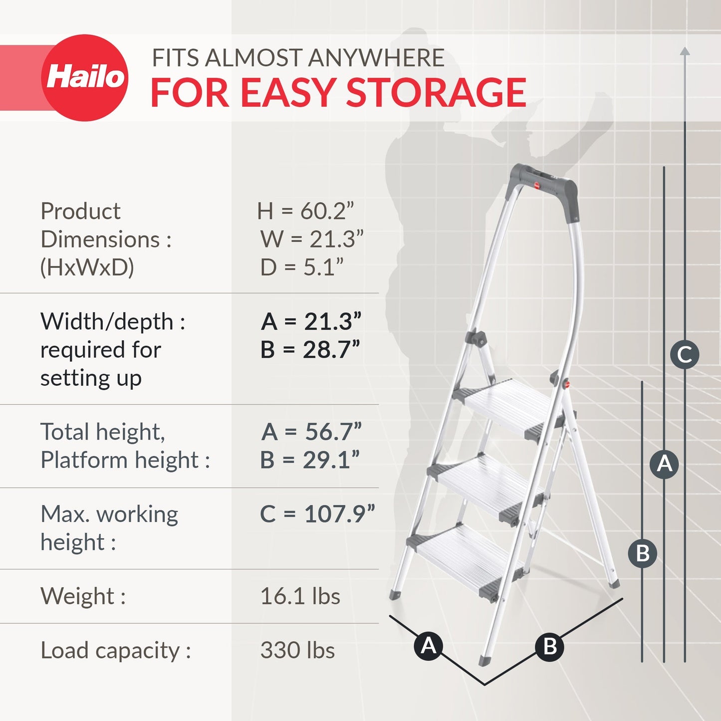 Hailo Folding Step Stool, 3 Step Ladder w/Tray for Home & Kitchen, K100, Silver