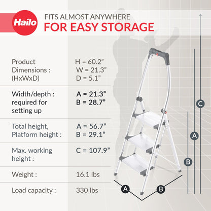 Hailo Folding Step Stool, 3 Step Ladder w/Tray for Home & Kitchen, K100, Silver