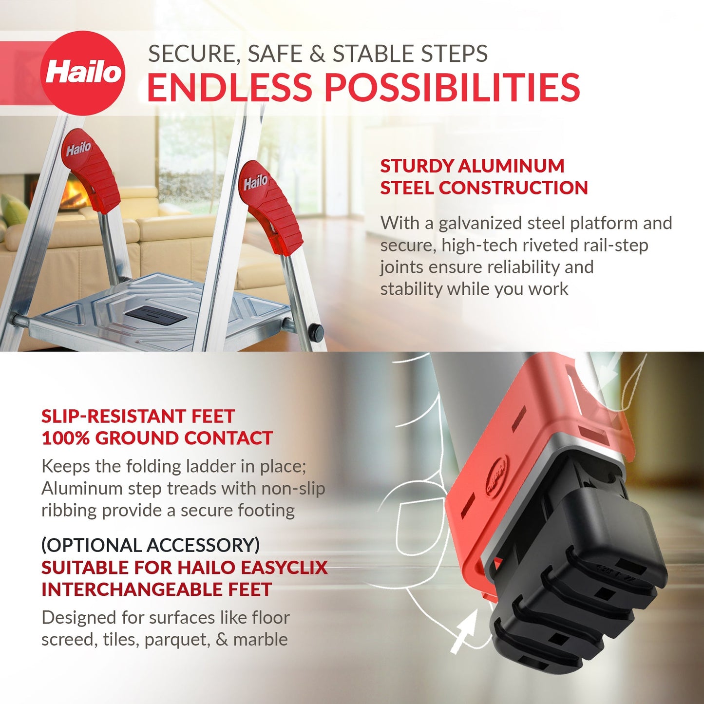 Hailo Folding Step Stool, 4 Step Ladder w/ Tray for Home & Kitchen, L60, Silver