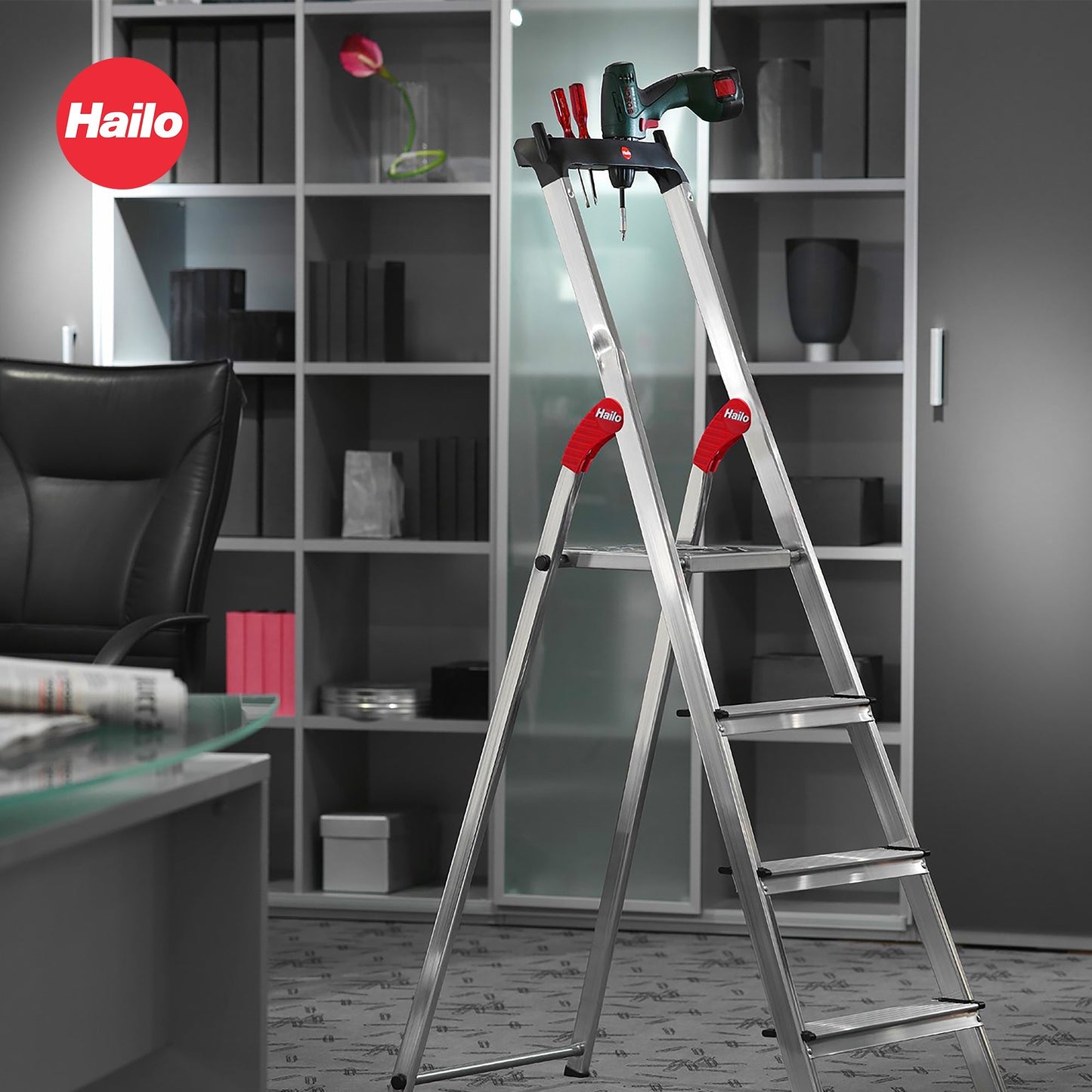 Hailo Folding Step Stool, 4 Step Ladder w/ Tray for Home & Kitchen, L60, Silver