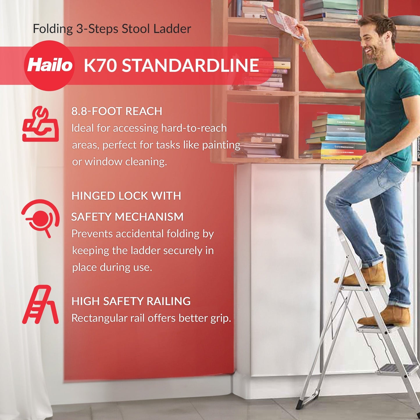Hailo Folding Step Stool, Non-Slip 3 Step Ladder for Home & Kitchen, K70, Silver