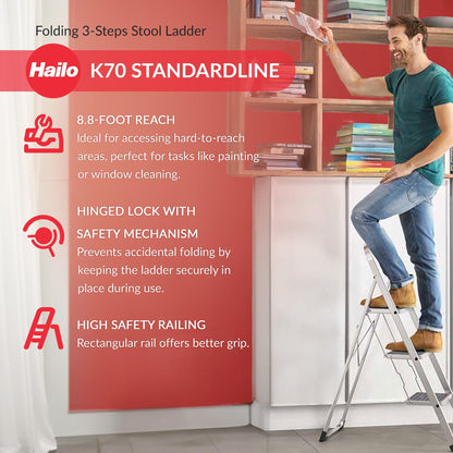 Hailo Folding Step Stool, Non-Slip 3 Step Ladder for Home & Kitchen, K70, Silver