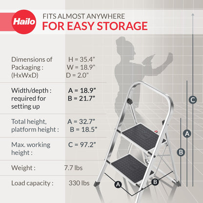 Hailo 2-Tread Household Step Stool, 11.8" Wide Step, 330 lb Capacity, Silver